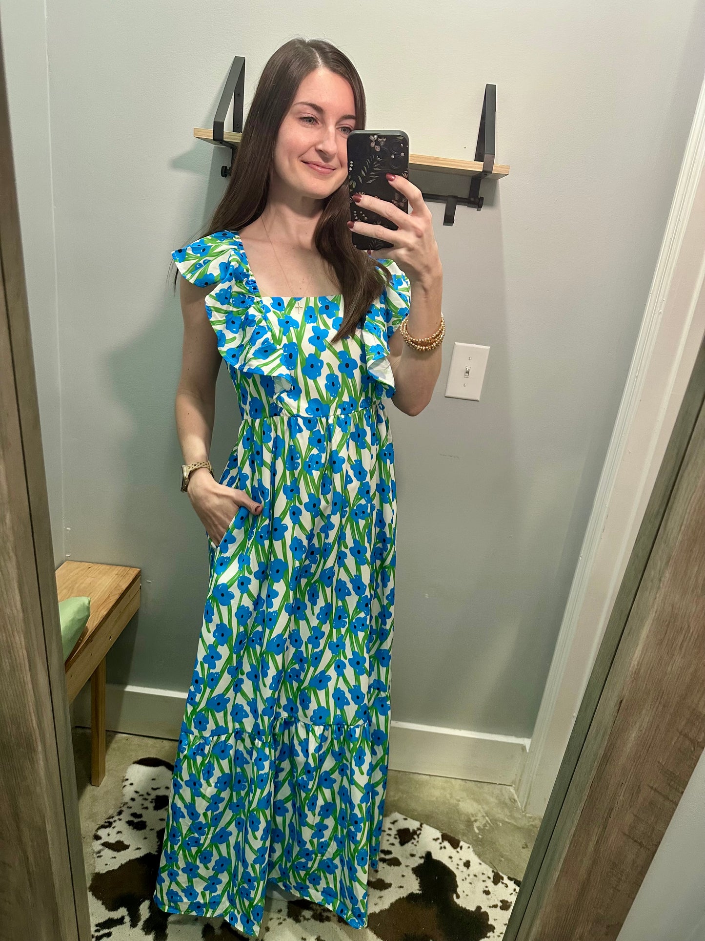 Blue Floral Square Neck Maxi Dress