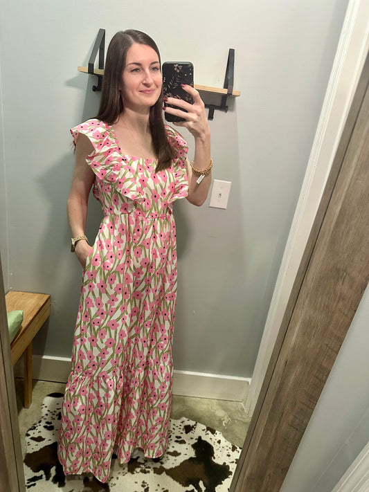 Pink Floral Square Neck Maxi Dress