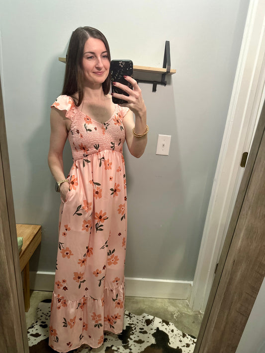 Peach Floral V-Neck Dress