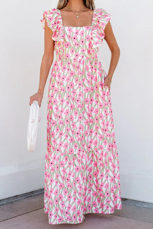 Pink Floral Square Neck Maxi Dress