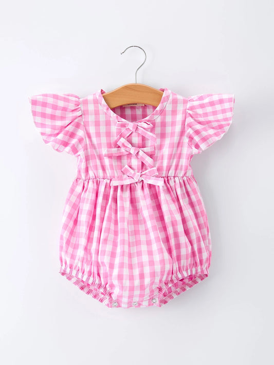 Pink Plaid Flutter Sleeve Romper