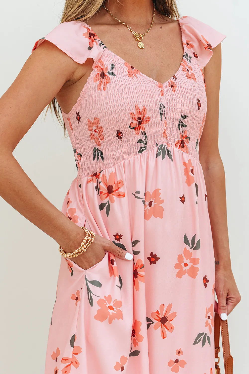 Peach Floral V-Neck Dress