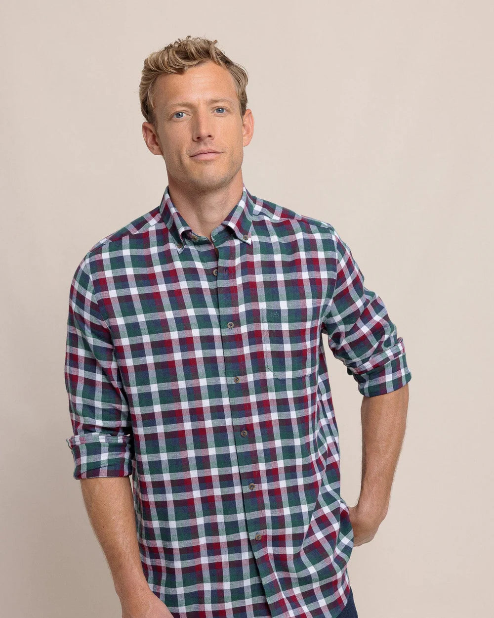 Cobblestone Plaid Beach Flannel Sport Shirt - Muscadine