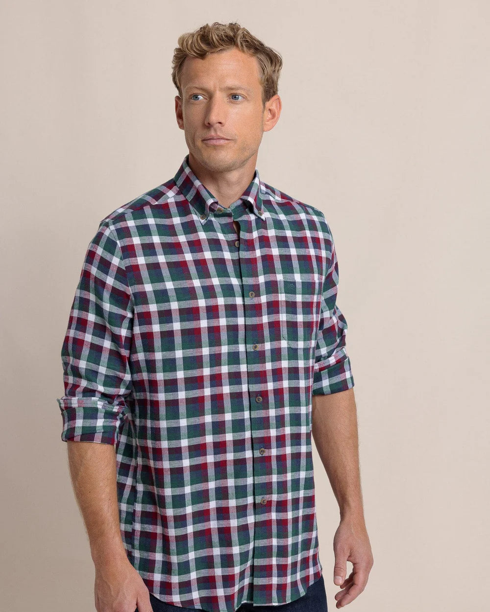 Cobblestone Plaid Beach Flannel Sport Shirt - Muscadine