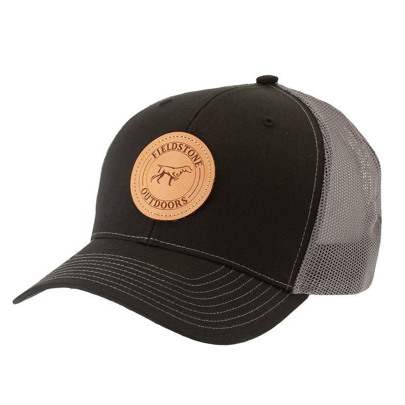 Black Leather Circle Patch Hat with Gray Mesh