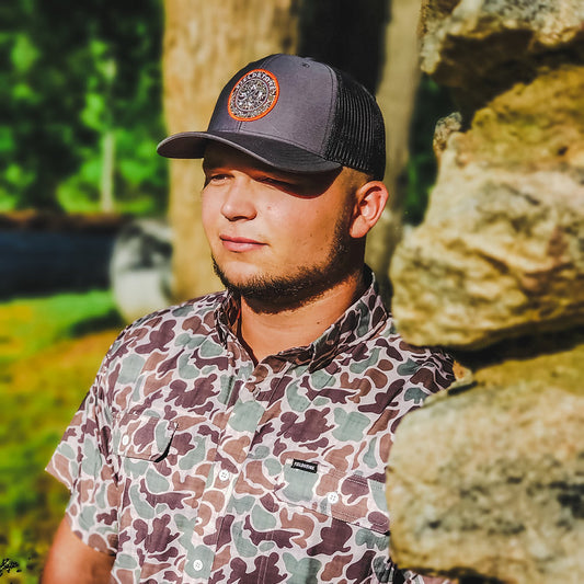 Gray Camo Logo Patch Hat with Black Mesh