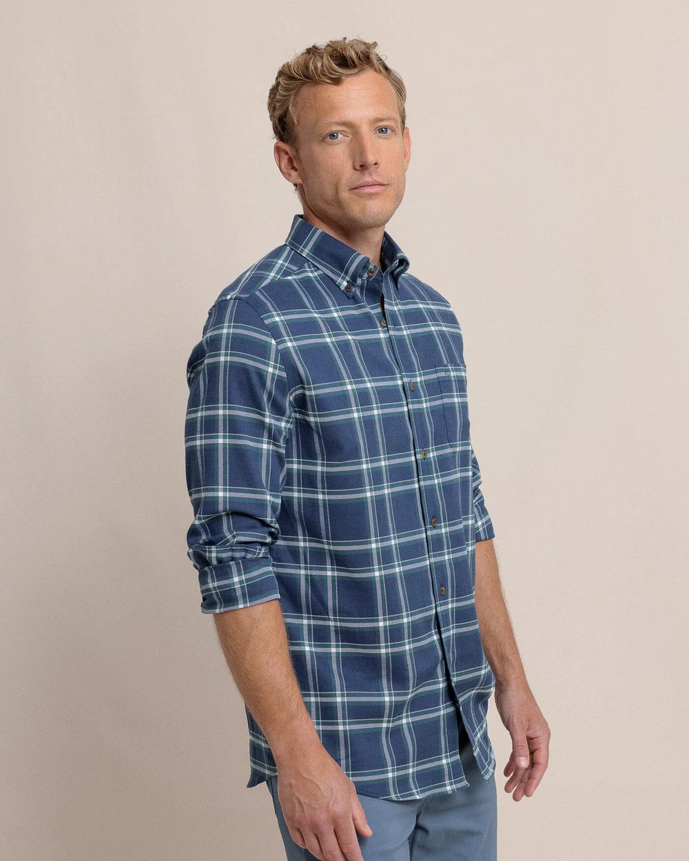 Heron Plaid Flannel Intercoastal Long Sleeve Sport Shirt - Dress Blue