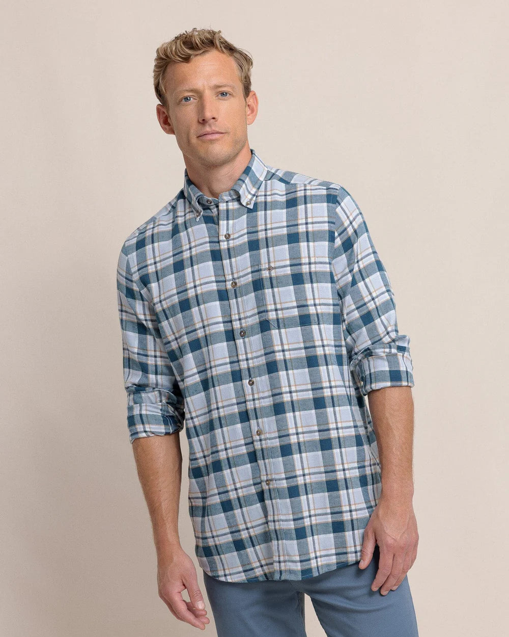 Sweetgreass Plaid Beach Flannel Sport Shirt - Teal Haze