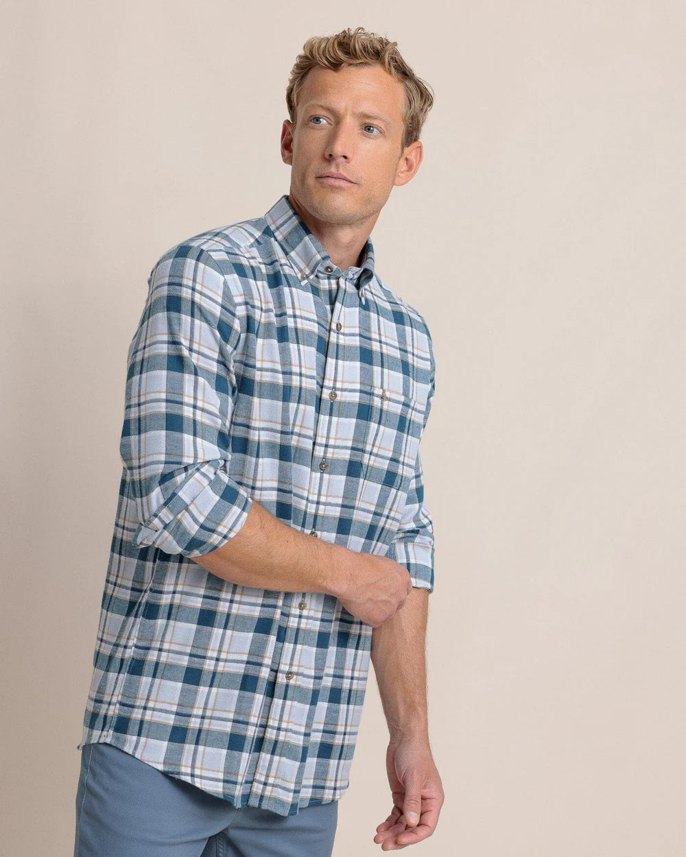 Sweetgreass Plaid Beach Flannel Sport Shirt - Teal Haze