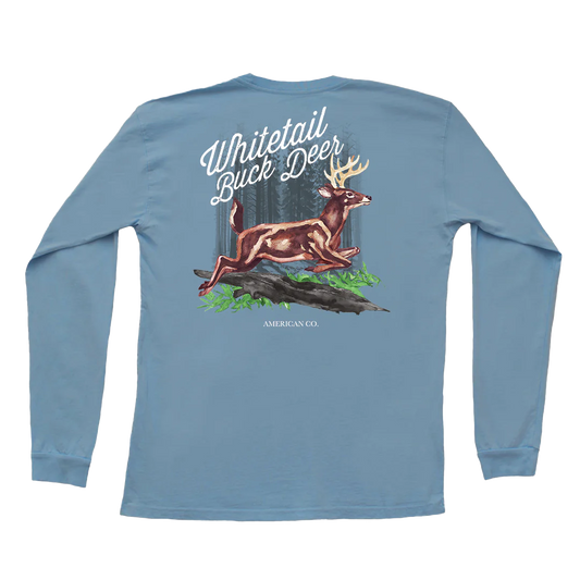 Whitetail Buck Deer Long Sleeve Pocket Tee - Slate